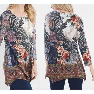 Chico’s Zenergy Size 3 Blue Paisley Asym Hem Tunic 3/4 Sleeve Stretch Knit Boho